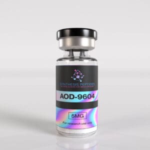 Synthesis Peptides - A vial labeled Synthesis Research Peptides AOD-9604 features a holographic label, with "5MG" and "For research use only" printed clearly, set against a plain white background.