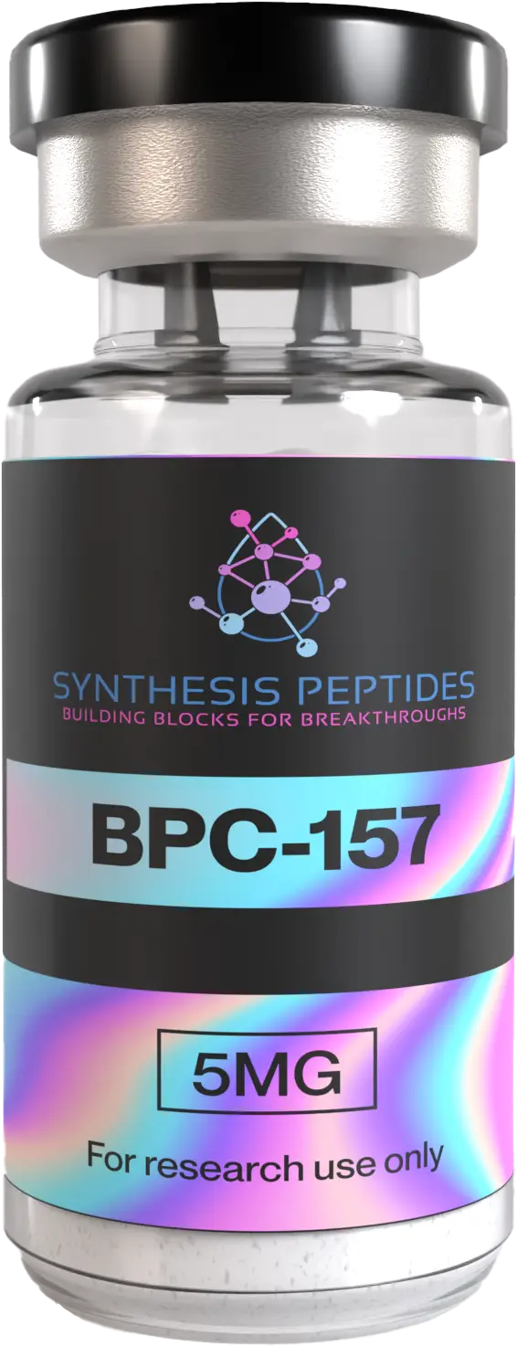 Synthesis Peptides - A vial labeled Synthesis Research Peptides BPC-157, 5MG, For research use only, featuring a holographic label and a molecular design graphic on the front.