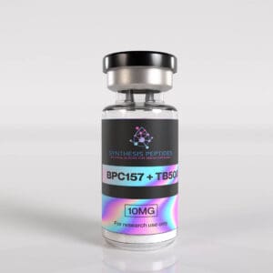 Synthesis Peptides - A small vial labeled SYNTHESIS RESEARCH PEPTIDES BPC157 + TB500, 10MG, For research use only, with a rainbow-colored accent on a light, reflective surface.
