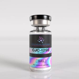 Synthesis Peptides - A clear vial labeled CJC-1295 no DAC from Synthesis Peptides, featuring 5MG in a purple box and For research use only on the label, highlights quality research peptides against a plain light background.
