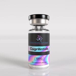 Synthesis Peptides - A vial labeled Cagrilintide 5MG from Synthesis Peptides, with a colorful label and the text For research use only, set against a plain, light background—ideal for those seeking quality research peptides.