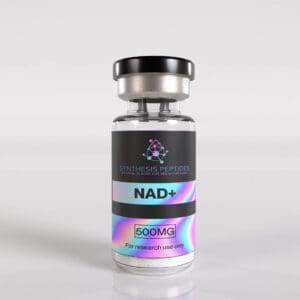 Synthesis Peptides - A clear vial labeled SYNTHESIS PEPTIDES NAD+ 500MG with a metallic cap, designed for research use only, highlights the precision of research peptides against a plain, light background.