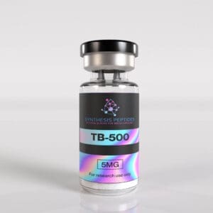Synthesis Peptides - A clear vial with a black cap labeled “SYNTHESIS PEPTIDES TB-500 5MG” and “For research use only,” featuring a molecular graphic and iridescent design on a white background, showcases premium research peptides.