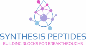Synthesis Peptides - A stylized logo with connected molecules inside a water droplet above the words SYNTHESIS PEPTIDES in blue and BUILDING BLOCKS FOR BREAKTHROUGHS in pink, representing innovation in peptides and research peptides.