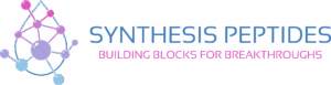 Synthesis Peptides - Logo for Synthesis Peptides featuring a molecular structure in blue and purple, representing research peptides, and the tagline Building Blocks for Breakthroughs in pink text.