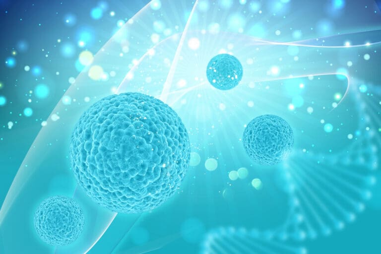 Synthesis Peptides - Digital illustration of blue cells floating in a glowing, abstract background with light effects and a faint DNA double helix structure, symbolizing biology, genetics, and the role of research peptides in scientific discovery.