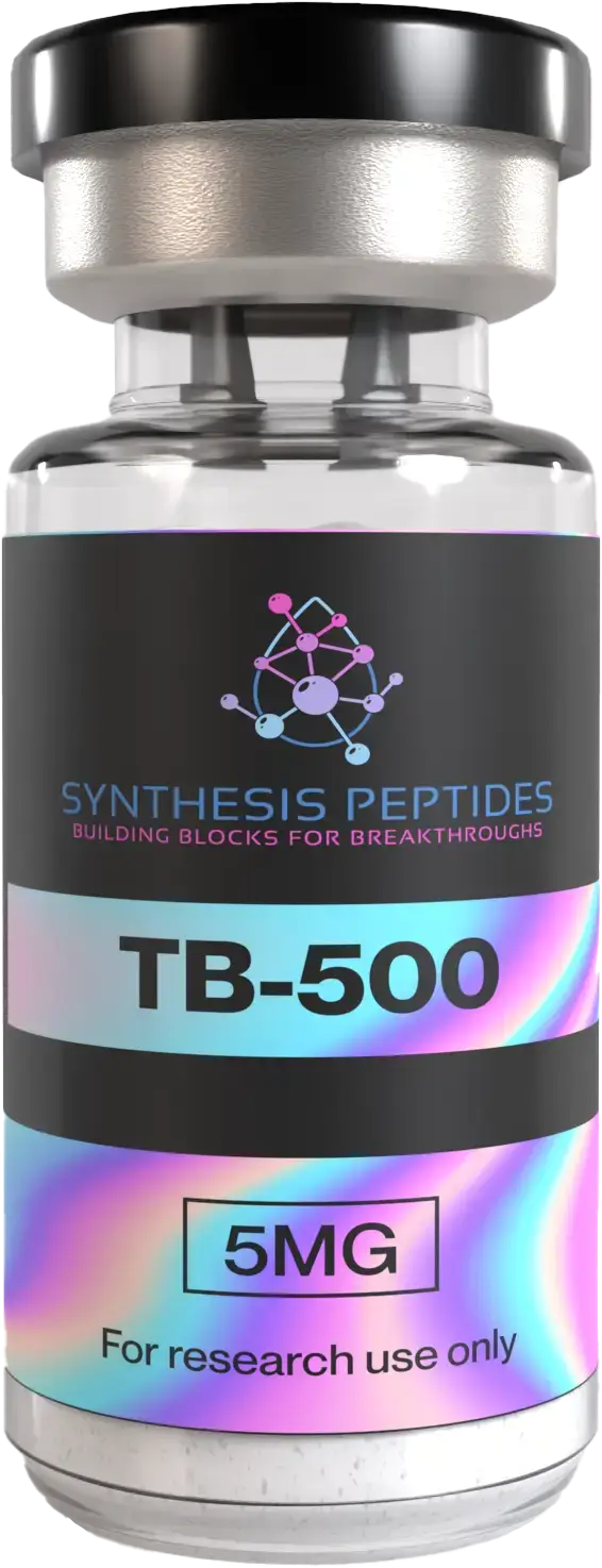 Synthesis Peptides - A vial labeled SYNTHESIS PEPTIDES TB-500, 5MG, for research use only, features a metallic cap and a colorful iridescent label—an ideal choice for those working with research peptides.