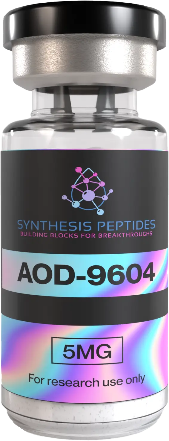 Synthesis Peptides - A clear vial labeled SYNTHESIS PEPTIDES with the product name AOD-9604 and 5MG beneath it. The label states For research use only, highlighting its identity as one of the specialized research peptides, with a molecular graphic above the text.