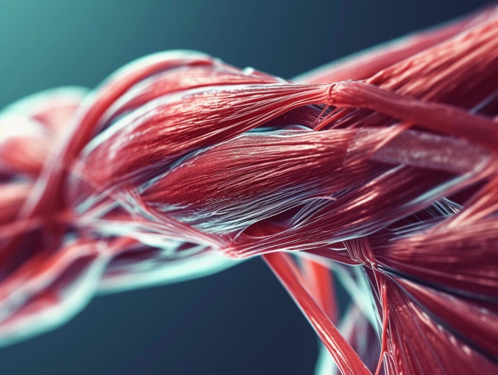 Synthesis Peptides - Close-up view of intertwined red muscle fibers with a shiny, smooth surface, set against a blurred teal and dark background. The image highlights the texture and structure of the fibers in high detail, often studied using research peptides.