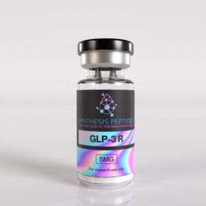 Synthesis Peptides - A vial labeled GLP-3R 10mg for research use only, with a black cap, holographic design, and molecule graphic on a white background—ideal for researchers working with peptides.