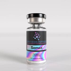Synthesis Peptides - A clear vial labeled SYNTHESIS PEPTIDES, BUILDING BLOCKS FOR BREAKTHROUGHS, Selank, 10MG, research peptides for investigational use only with a black cap, set against a plain white background.