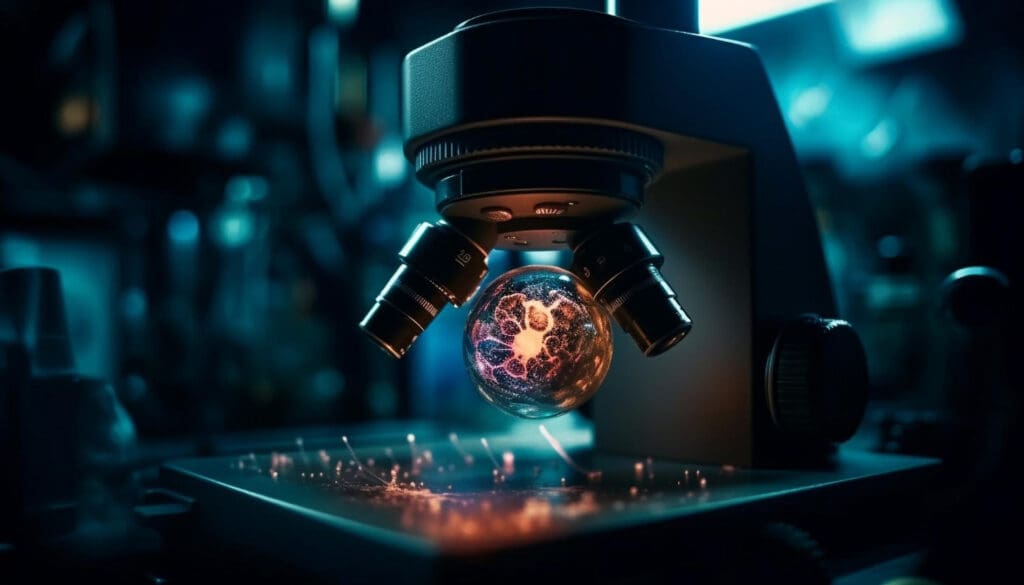 Synthesis Peptides - A glowing, detailed spherical object under a microscope lens, surrounded by a vibrant, blue-lit laboratory background, suggesting scientific research or microscopic observation of peptides.